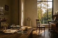a wooden table in a room with a window