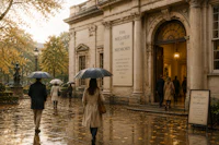 people walking in the rain with umbrellas in front of a building