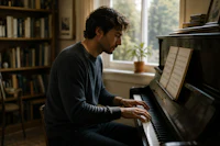 a man playing a piano in front of a window