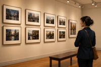 a woman looking at framed photographs in an art gallery