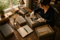 a woman is looking at old photos in a box