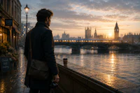 a man is standing on a bridge overlooking the river thames