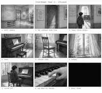 a series of drawings showing a piano in a room